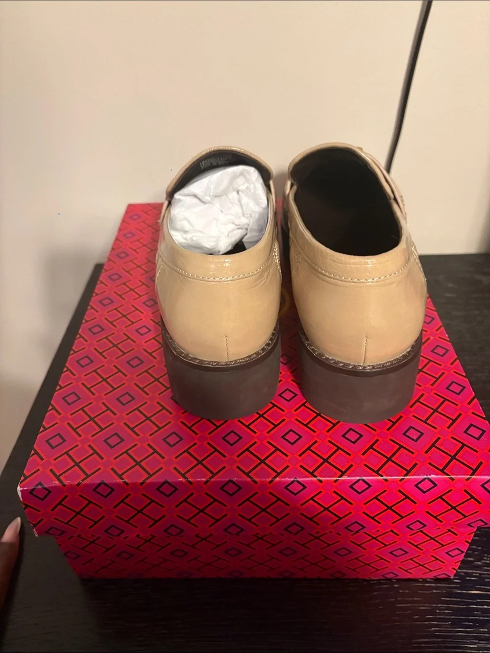 Tory Burch Quilted Almond Patent Loafers with Gold Logo